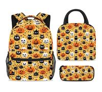 ewndhtse School Backpack Set with Lunch Bag Pencil Case, 3 Pcs School Book Bags Set Travel Backpack Casual Daypack for Teens Girls Boys Primary Junior Middle - Halloween Cat Pumpkin Bats