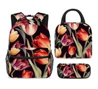 ewndhtse School Backpack Set with Lunch Bag Pencil Case, 3 Pcs School Book Bags Set Travel Backpack Casual Daypack for Teens Girls Boys Primary Junior Middle - Pretty Tulip