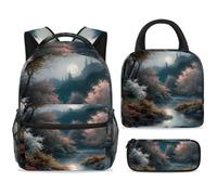 ewndhtse School Backpack Set with Lunch Bag Pencil Case, 3 Pcs School Book Bags Set Travel Backpack Casual Daypack for Teens Girls Boys Primary Junior Middle - Moonlight by the Lake