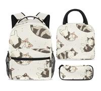 ewndhtse School Backpack Set with Lunch Bag Pencil Case, 3 Pcs School Book Bags Set Travel Backpack Casual Daypack for Teens Girls Boys Primary Junior Middle - Sleeping Cat