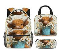 ewndhtse School Backpack Set with Lunch Bag Pencil Case, 3 Pcs School Book Bags Set Travel Backpack Casual Daypack for Teens Girls Boys Primary Junior Middle - Highland Cow and Bucket