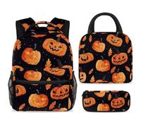 ewndhtse School Backpack Set with Lunch Bag Pencil Case, 3 Pcs School Book Bags Set Travel Backpack Casual Daypack for Teens Girls Boys Primary Junior Middle - Cartoon Hallowed Pumpkin