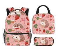 ewndhtse School Backpack Set with Lunch Bag Pencil Case, 3 Pcs School Book Bags Set Travel Backpack Casual Daypack for Teens Girls Boys Primary Junior Middle - Hedgehog Strawberries