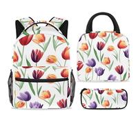 ewndhtse School Backpack Set with Lunch Bag Pencil Case, 3 Pcs School Book Bags Set Travel Backpack Casual Daypack for Teens Girls Boys Primary Junior Middle - Pretty Tulip