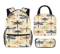 ewndhtse School Backpack Set with Lunch Bag Pencil Case, 3 Pcs School Book Bags Set Travel Backpack Casual Daypack for Teens Girls Boys Primary Junior Middle - Autumn Dragonfly