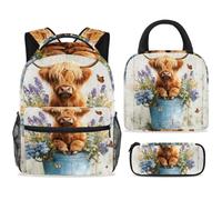 ewndhtse School Backpack Set with Lunch Bag Pencil Case, 3 Pcs School Book Bags Set Travel Backpack Casual Daypack for Teens Girls Boys Primary Junior Middle - Highland Cow and Metal Bucket