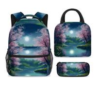 ewndhtse School Backpack Set with Lunch Bag Pencil Case, 3 Pcs School Book Bags Set Travel Backpack Casual Daypack for Teens Girls Boys Primary Junior Middle - Moonlight by the Lake