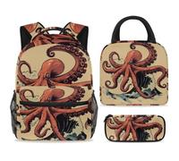 ewndhtse School Backpack Set with Lunch Bag Pencil Case, 3 Pcs School Book Bags Set Travel Backpack Casual Daypack for Teens Girls Boys Primary Junior Middle - Octopus Surfing