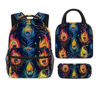ewndhtse School Backpack Set with Lunch Bag Pencil Case, 3 Pcs School Book Bags Set Travel Backpack Casual Daypack for Teens Girls Boys Primary Junior Middle - Art Peacock Feathers