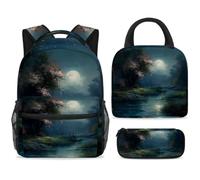 ewndhtse School Backpack Set with Lunch Bag Pencil Case, 3 Pcs School Book Bags Set Travel Backpack Casual Daypack for Teens Girls Boys Primary Junior Middle - Moonlight by the Lake