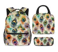 ewndhtse School Backpack Set with Lunch Bag Pencil Case, 3 Pcs School Book Bags Set Travel Backpack Casual Daypack for Teens Girls Boys Primary Junior Middle - Peacock Feathers