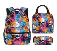 ewndhtse School Backpack Set with Lunch Bag Pencil Case, 3 Pcs School Book Bags Set Travel Backpack Casual Daypack for Teens Girls Boys Primary Junior Middle - Skulls Spiderweb