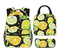 ewndhtse School Backpack Set with Lunch Bag Pencil Case, 3 Pcs School Book Bags Set Travel Backpack Casual Daypack for Teens Girls Boys Primary Junior Middle - Lemon Citrus Lime Pattern