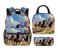 ewndhtse School Backpack Set with Lunch Bag Pencil Case, 3 Pcs School Bookbags Set Travel Rucksack Casual Daypack for Teens Girls Boys Primary Junior Middle - a Group of Running Horses
