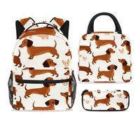 ewndhtse School Backpack Set with Lunch Bag Pencil Case, 3 Pcs School Bookbags Set Travel Rucksack Casual Daypack for Teens Girls Boys Primary Junior Middle - Brown Dachshund Dogs