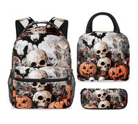 ewndhtse School Backpack Set with Lunch Bag Pencil Case, 3 Pcs School Bookbags Set Travel Rucksack Casual Daypack for Teens Girls Boys Primary Junior Middle - Skulls Pumpkin Bats