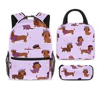 ewndhtse School Backpack Set with Lunch Bag Pencil Case, 3 Pcs School Bookbags Set Travel Rucksack Casual Daypack for Teens Girls Boys Primary Junior Middle - Dachshund with Berets Clothes