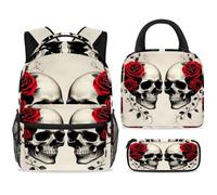 ewndhtse School Backpack Set with Lunch Bag Pencil Case, 3 Pcs School Bookbags Set Travel Rucksack Casual Daypack for Teens Girls Boys Primary Junior Middle - Dead Skull Lover with Red Roses