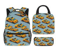 ewndhtse School Backpack Set with Lunch Bag Pencil Case, 3 Pcs School Bookbags Set Travel Rucksack Casual Daypack for Teens Girls Boys Primary Junior Middle - Taxi Cars on Road
