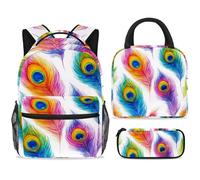 ewndhtse School Backpack Set with Lunch Bag Pencil Case, 3 Pcs School Bookbags Set Travel Rucksack Casual Daypack for Teens Girls Boys Primary Junior Middle - Watercolor Peacock Feathers