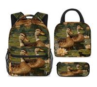 ewndhtse School Backpack Set with Lunch Bag Pencil Case, 3 Pcs School Bookbags Set Travel Rucksack Casual Daypack for Teens Girls Boys Primary Junior Middle - Lotus Leave Indian Runner Ducks