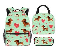 ewndhtse School Backpack Set with Lunch Bag Pencil Case, 3 Pcs School Bookbags Set Travel Rucksack Casual Daypack for Teens Girls Boys Primary Junior Middle - Love Heart Dachshunds
