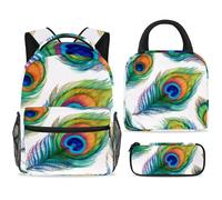 ewndhtse School Backpack Set with Lunch Bag Pencil Case, 3 Pcs School Bookbags Set Travel Rucksack Casual Daypack for Teens Girls Boys Primary Junior Middle - Watercolor Feacock Feathers