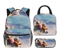 ewndhtse School Backpack Set with Lunch Bag Pencil Case, 3 Pcs School Bookbags Set Travel Rucksack Casual Daypack for Teens Girls Boys Primary Junior Middle - Seashells Starfish Beach