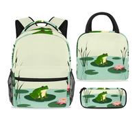 ewndhtse School Backpack Set with Lunch Bag Pencil Case, 3 Pcs School Bookbags Set Travel Rucksack Casual Daypack for Teens Girls Boys Primary Junior Middle - Frog on Lily Pond