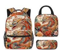 ewndhtse School Backpack Set with Lunch Bag Pencil Case, 3 Pcs School Bookbags Set Travel Rucksack Casual Daypack for Teens Girls Boys Primary Junior Middle - Ancient Dragon Peony Flowers