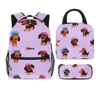 ewndhtse School Backpack Set with Lunch Bag Pencil Case, 3 Pcs School Bookbags Set Travel Rucksack Casual Daypack for Teens Girls Boys Primary Junior Middle - Dachshunds Dogs with Berets