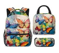 ewndhtse School Backpack Set with Lunch Bag Pencil Case, 3 Pcs School Bookbags Set Travel Rucksack Casual Daypack for Teens Girls Boys Primary Junior Middle - Butterfly Art Painting