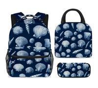 ewndhtse School Backpack Set with Lunch Bag Pencil Case, 3 Pcs School Bookbags Set Travel Rucksack Casual Daypack for Teens Girls Boys Primary Junior Middle - Dark Blue Seashells