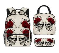 ewndhtse School Backpack Set with Lunch Bag Pencil Case, 3 Pcs School Bookbags Set Travel Rucksack Casual Daypack for Teens Girls Boys Primary Junior Middle - Red Roses Dead Skulls