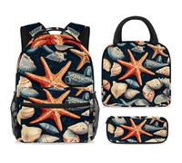 ewndhtse School Backpack Set with Lunch Bag Pencil Case, 3 Pcs School Bookbags Set Travel Rucksack Casual Daypack for Teens Girls Boys Primary Junior Middle - Seashells Starfish and Conch
