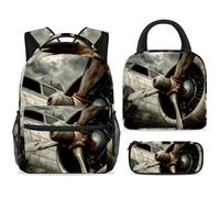 ewndhtse School Backpack Set with Lunch Bag Pencil Case, 3 Pcs School Bookbags Set Travel Rucksack Casual Daypack for Teens Girls Boys Primary Junior Middle - Old Aircraft Jet Propeller