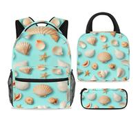 ewndhtse School Backpack Set with Lunch Bag Pencil Case, 3 Pcs School Bookbags Set Travel Rucksack Casual Daypack for Teens Girls Boys Primary Junior Middle - Seashells Starfish