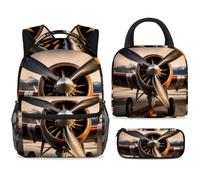 ewndhtse School Backpack Set with Lunch Bag Pencil Case, 3 Pcs School Bookbags Set Travel Rucksack Casual Daypack for Teens Girls Boys Primary Junior Middle - Old Aircraft Jet Propeller