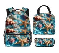 ewndhtse School Backpack Set with Lunch Bag Pencil Case, 3 Pcs School Bookbags Set Travel Rucksack Casual Daypack for Teens Girls Boys Primary Junior Middle - Seashells Starfish Blue Ocean
