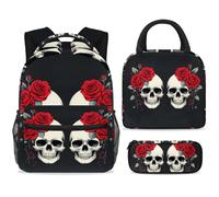 ewndhtse School Backpack Set with Lunch Bag Pencil Case, 3 Pcs School Bookbags Set Travel Rucksack Casual Daypack for Teens Girls Boys Primary Junior Middle - Day of The Dead Red Rose Skull