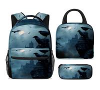ewndhtse School Backpack Set with Lunch Bag Pencil Case, 3 Pcs School Bookbags Set Travel Rucksack Casual Daypack for Teens Girls Boys Primary Junior Middle - Black Raven on Stone