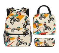 ewndhtse School Backpack Set with Lunch Bag Pencil Case, 3 Pcs School Bookbags Set Travel Rucksack Casual Daypack for Teens Girls Boys Primary Junior Middle - Motor Cross Competition