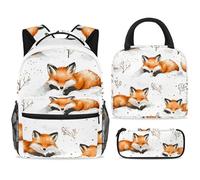 ewndhtse School Backpack Set with Lunch Bag Pencil Case, 3 Pcs School Bookbags Set Travel Rucksack Casual Daypack for Teens Girls Boys Primary Junior Middle - Foxes Laying on Snow