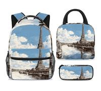 ewndhtse School Backpack Set with Lunch Bag Pencil Case, 3 Pcs School Bookbags Set Travel Rucksack Casual Daypack for Teens Girls Boys Primary Junior Middle - Eiffel Tower River Seine Blue Sky