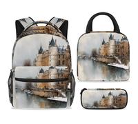 ewndhtse School Backpack Set with Lunch Bag Pencil Case, 3 Pcs School Bookbags Set Travel Rucksack Casual Daypack for Teens Girls Boys Primary Junior Middle - Winter City Building River