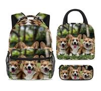 ewndhtse School Backpack Set with Lunch Bag Pencil Case, 3 Pcs School Bookbags Set Travel Rucksack Casual Daypack for Teens Girls Boys Primary Junior Middle - Three Corgis on Lawn
