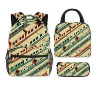 ewndhtse School Backpack Set with Lunch Bag Pencil Case, 3 Pcs School Bookbags Set Travel Rucksack Casual Daypack for Teens Girls Boys Primary Junior Middle - Trains in The Station