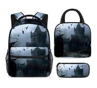 ewndhtse School Backpack Set with Lunch Bag Pencil Case, 3 Pcs School Bookbags Set Travel Rucksack Casual Daypack for Teens Girls Boys Primary Junior Middle - Crows Over Abandon Castle
