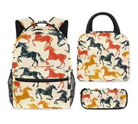 ewndhtse School Backpack Set with Lunch Bag Pencil Case, 3 Pcs School Bookbags Set Travel Rucksack Casual Daypack for Teens Girls Boys Primary Junior Middle - Colorful Horses Silhouette