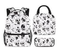 ewndhtse School Backpack Set with Lunch Bag Pencil Case, 3 Pcs School Bookbags Set Travel Rucksack Casual Daypack for Teens Girls Boys Primary Junior Middle - Scasry Skulls Bats